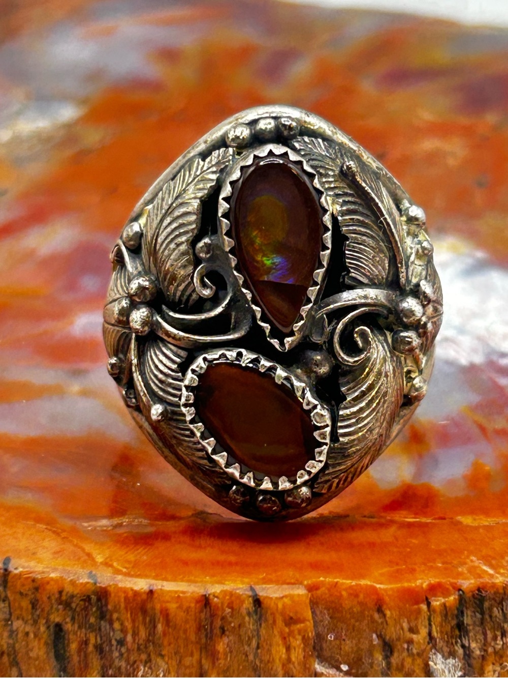 Mens Southwest Sterling Silver Fire Opal Ring - Size 11.5